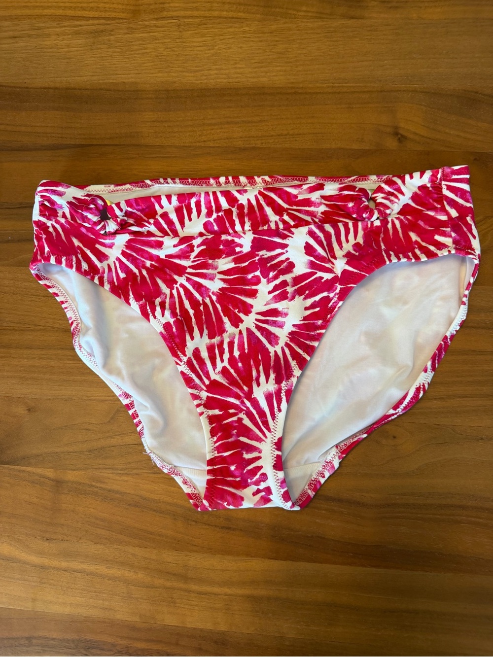 Pink White Abstract Pattern Bikini Bottoms. Lined. Front detail. Never worn.